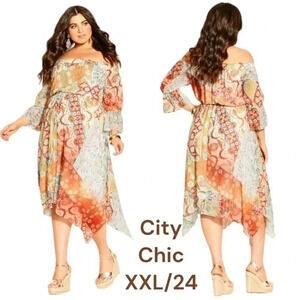 City Chic XXL/24 Adisa multi color floral boho print asymmetrical‎ hem dress